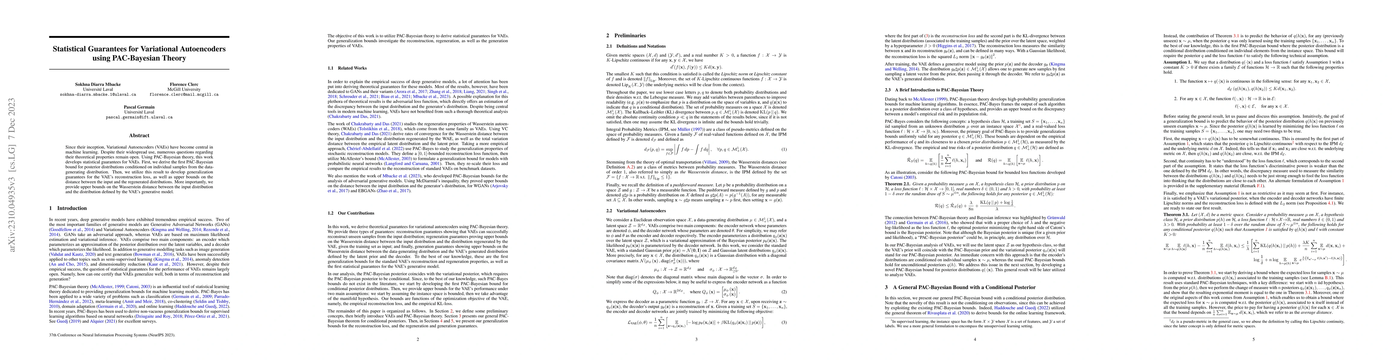Thumbnail for Statistical Guarantees for Variational Autoencoders using PAC-Bayesian
  Theory
