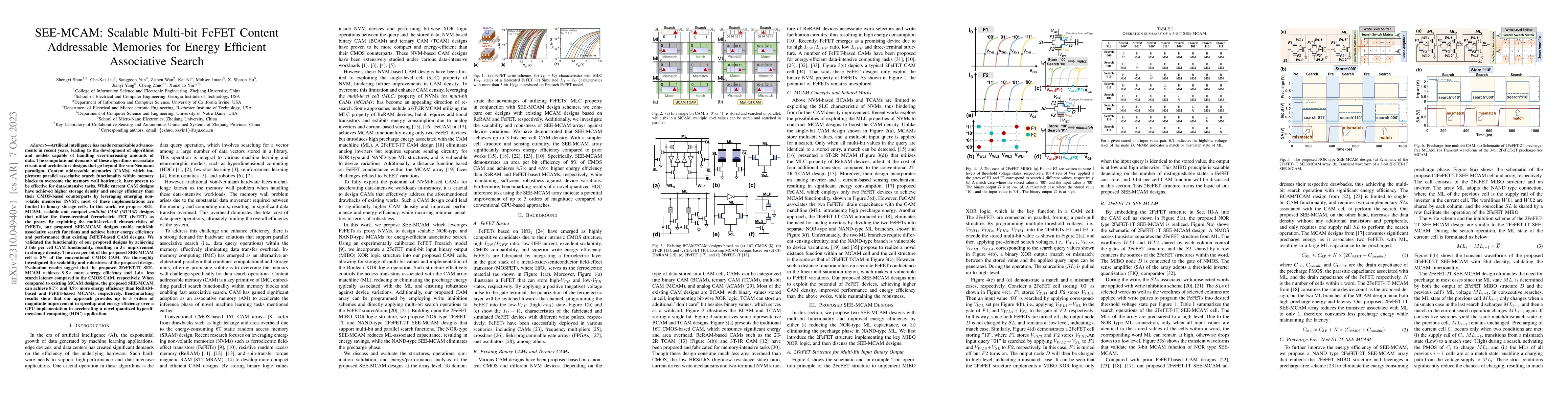 Thumbnail for SEE-MCAM: Scalable Multi-bit FeFET Content Addressable Memories for
  Energy Efficient Associative Search