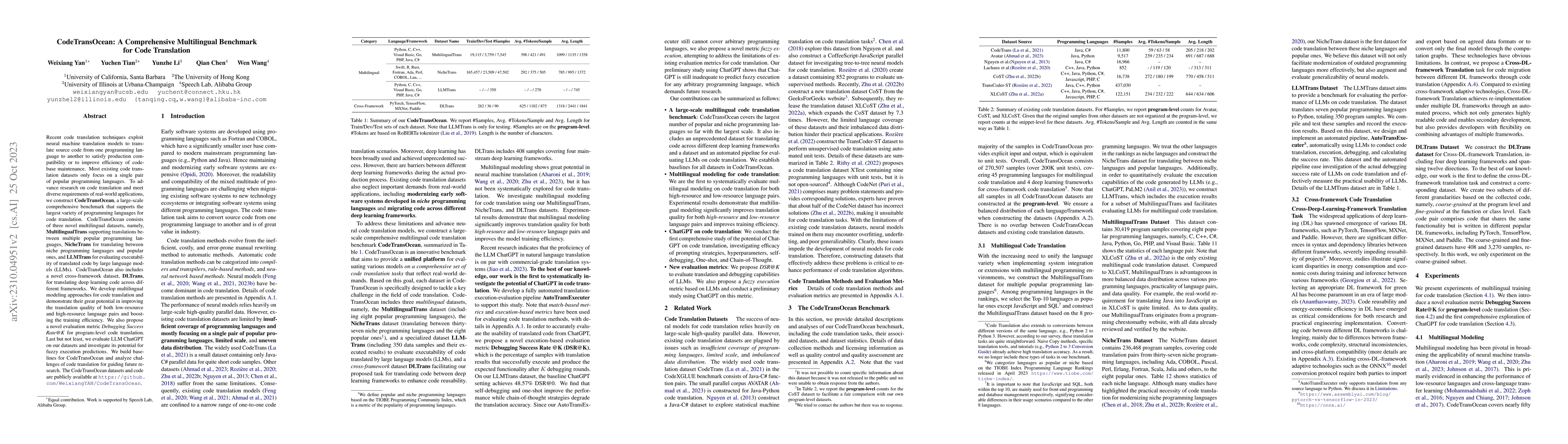 Thumbnail for CodeTransOcean: A Comprehensive Multilingual Benchmark for Code
  Translation