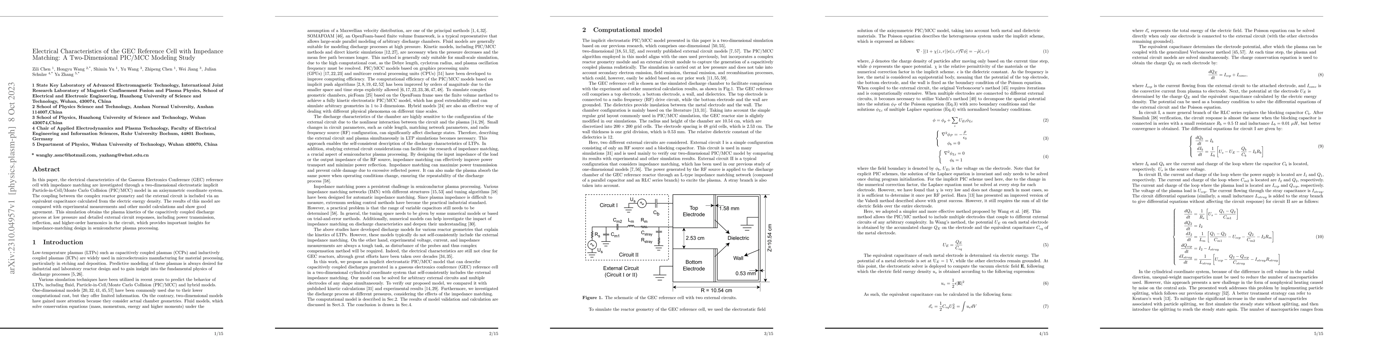 Thumbnail for Electrical Characteristics of the GEC Reference Cell with Impedance
  Matching: A Two-Dimensional PIC/MCC Modeling Study