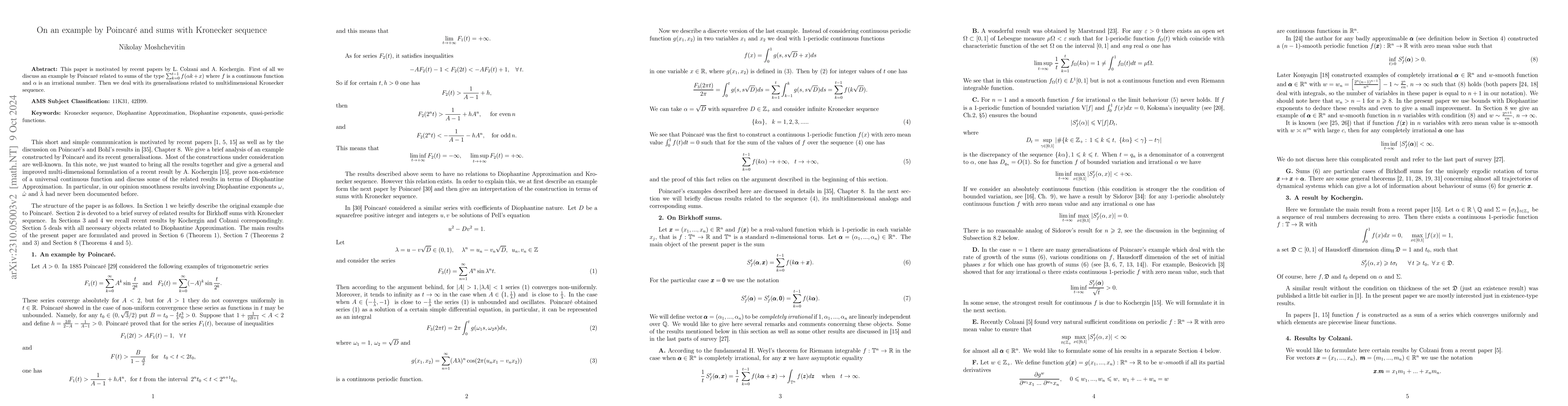 Thumbnail for On an example by Poincar\'{e} and sums with Kronecker sequence