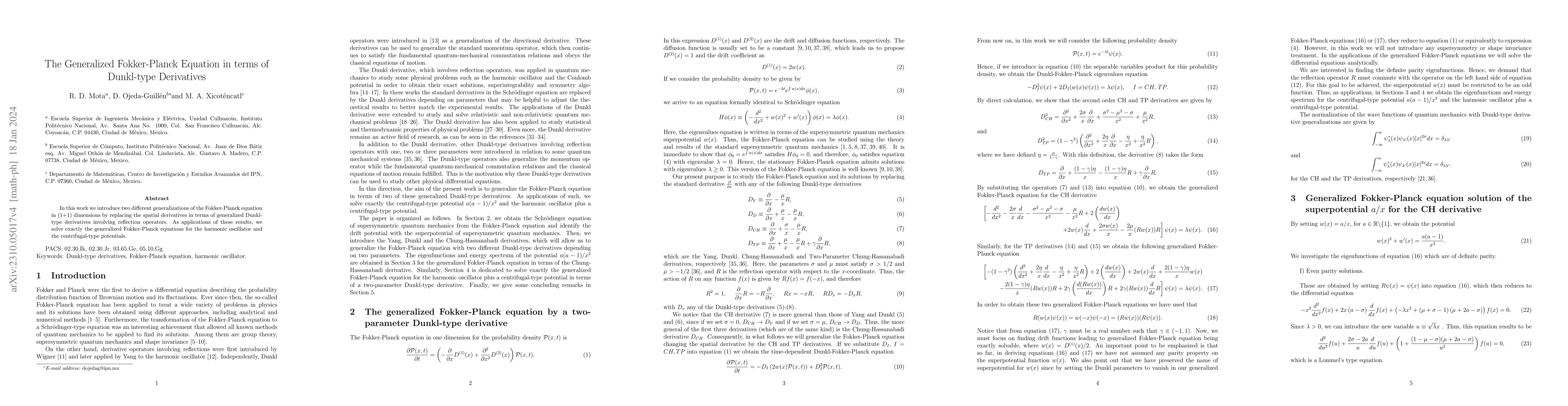 Thumbnail for The Generalized Fokker-Planck Equation in terms of Dunkl-type
  Derivatives