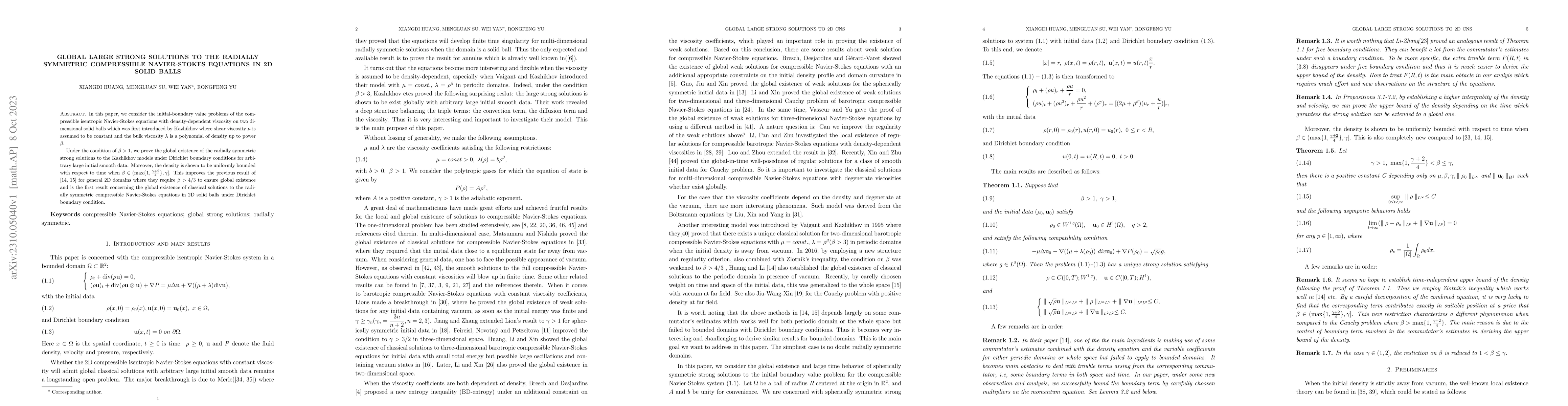 Thumbnail for Global large strong solutions to the radially symmetric compressible
  Navier-Stokes equations in 2D solid balls