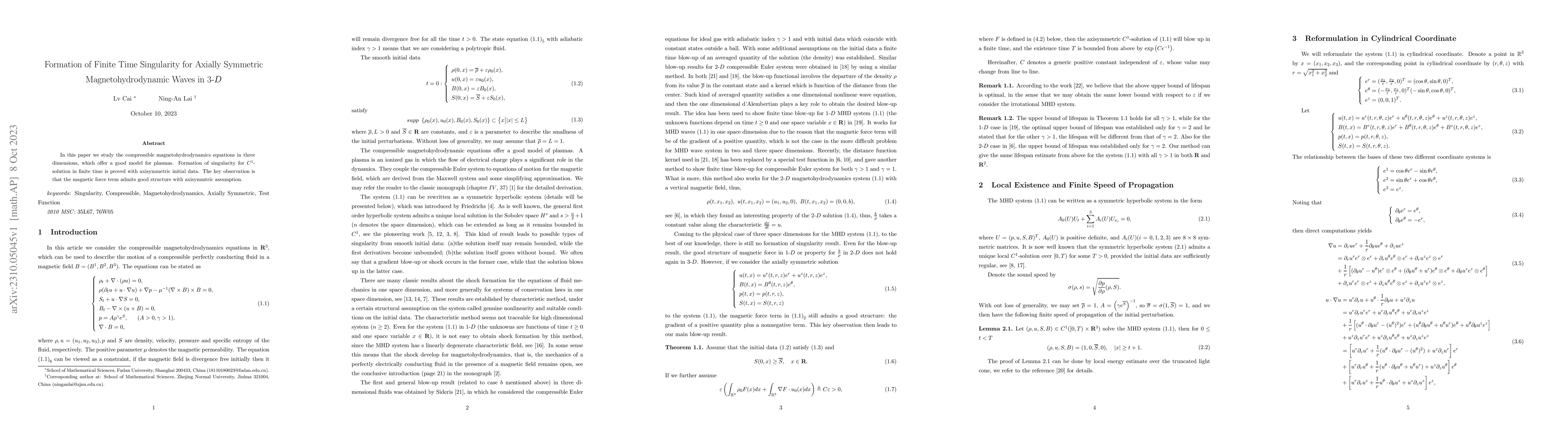 Thumbnail for Formation of Finite Time Singularity for Axially Symmetric
  Magnetohydrodynamic Waves in 3-D