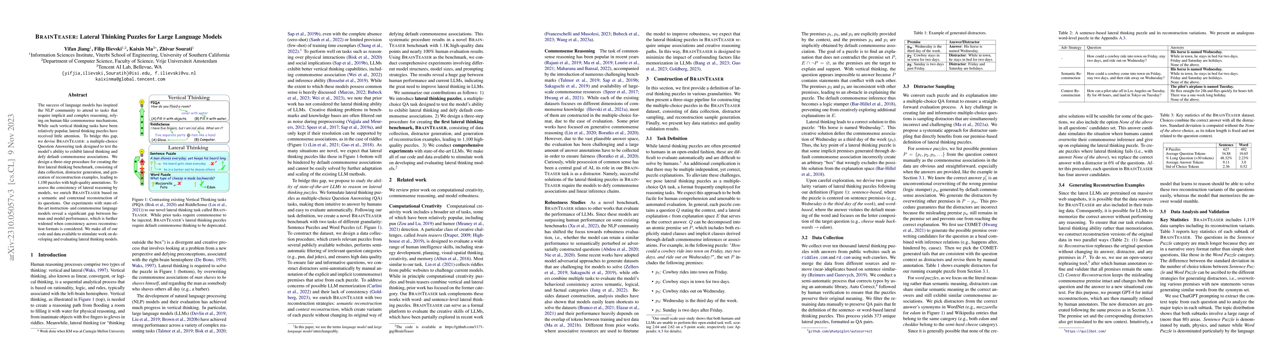 Thumbnail for BRAINTEASER: Lateral Thinking Puzzles for Large Language Models