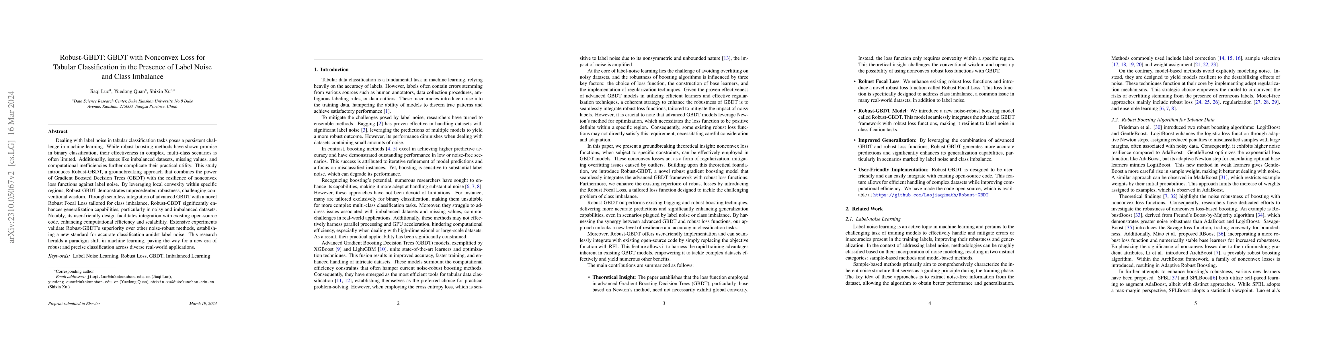 Thumbnail for Robust-GBDT: GBDT with Nonconvex Loss for Tabular Classification in the
  Presence of Label Noise and Class Imbalance