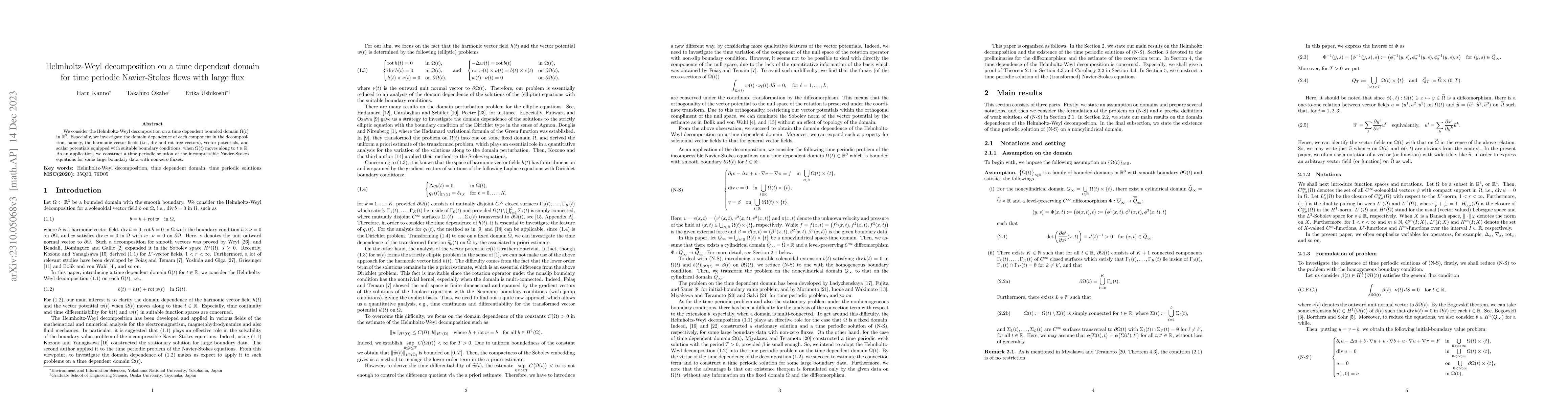 Thumbnail for Helmholtz-Weyl decomposition on a time dependent domain for time
  periodic Navier-Stokes flows with large flux