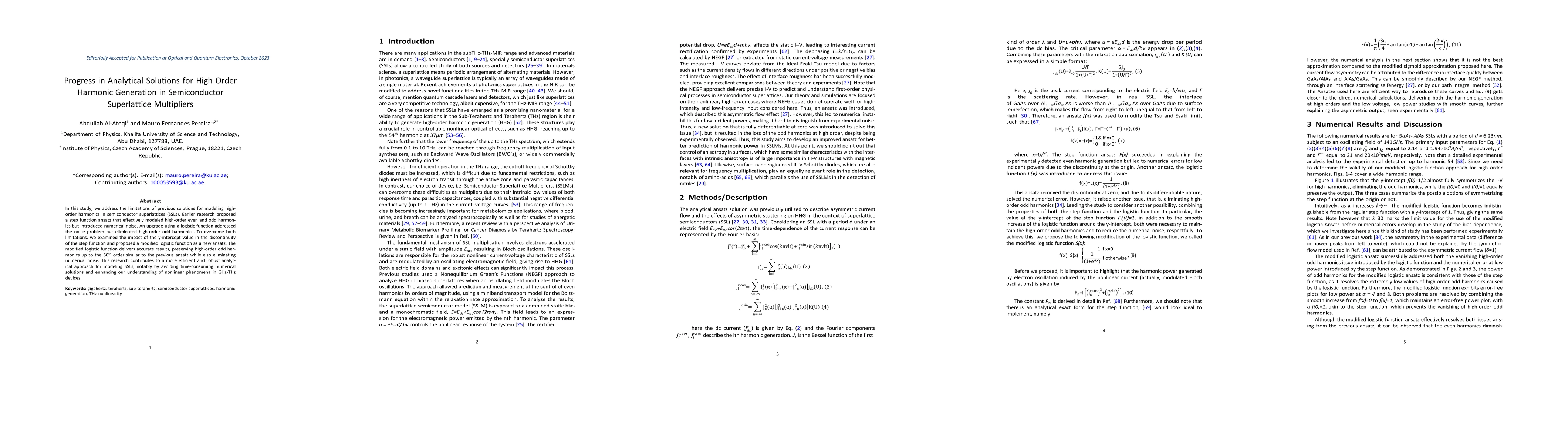 Thumbnail for Progress in Analytical Solutions for High Order Harmonic Generation in
  Semiconductor Superlattice Multipliers