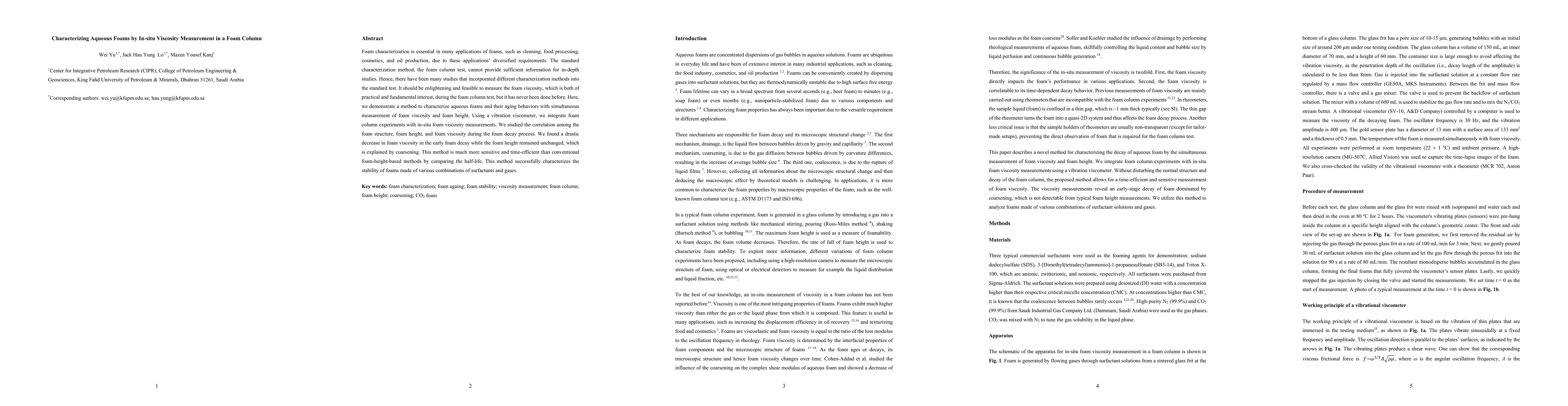 Thumbnail for Characterizing Aqueous Foams by In-situ Viscosity Measurement in a Foam
  Column