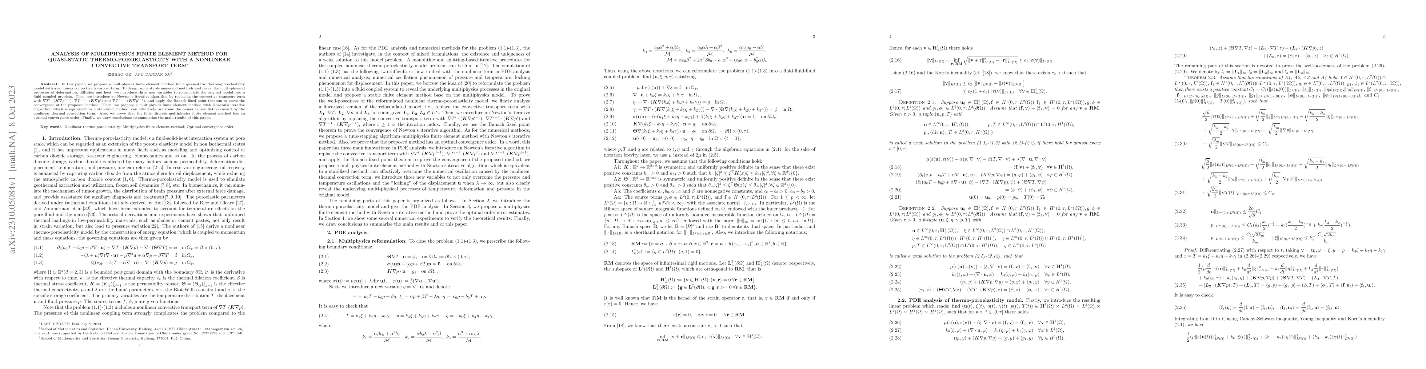 Thumbnail for Analysis of multiphysics finite element method for quasi-static
  thermo-poroelasticity with a nonlinear convective transport term