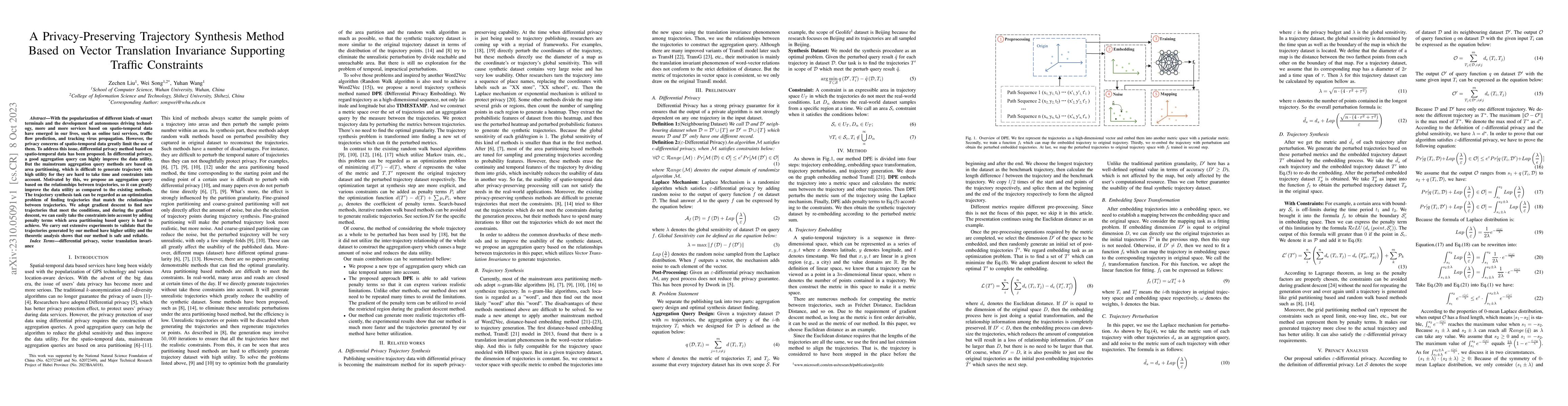 Thumbnail for A Privacy-Preserving Trajectory Synthesis Method Based on Vector
  Translation Invariance Supporting Traffic Constraints