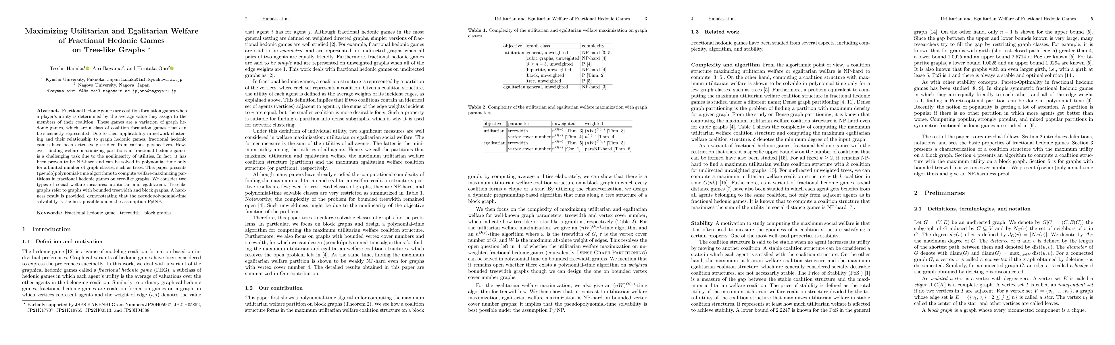 Thumbnail for Maximizing Utilitarian and Egalitarian Welfare of Fractional Hedonic
  Games on Tree-like Graphs