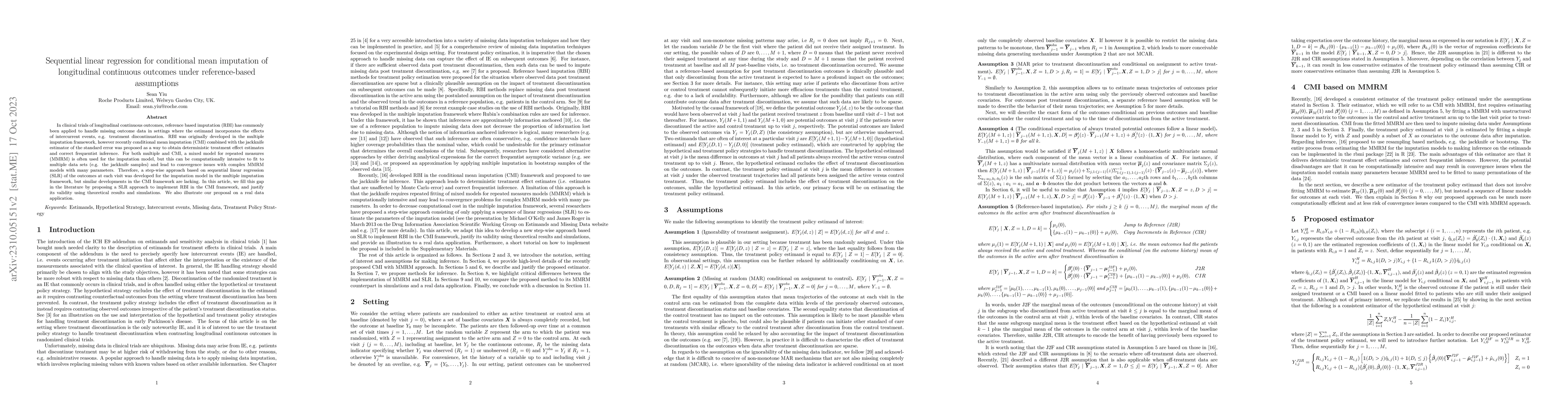 Thumbnail for Sequential linear regression for conditional mean imputation of
  longitudinal continuous outcomes under reference-based assumptions