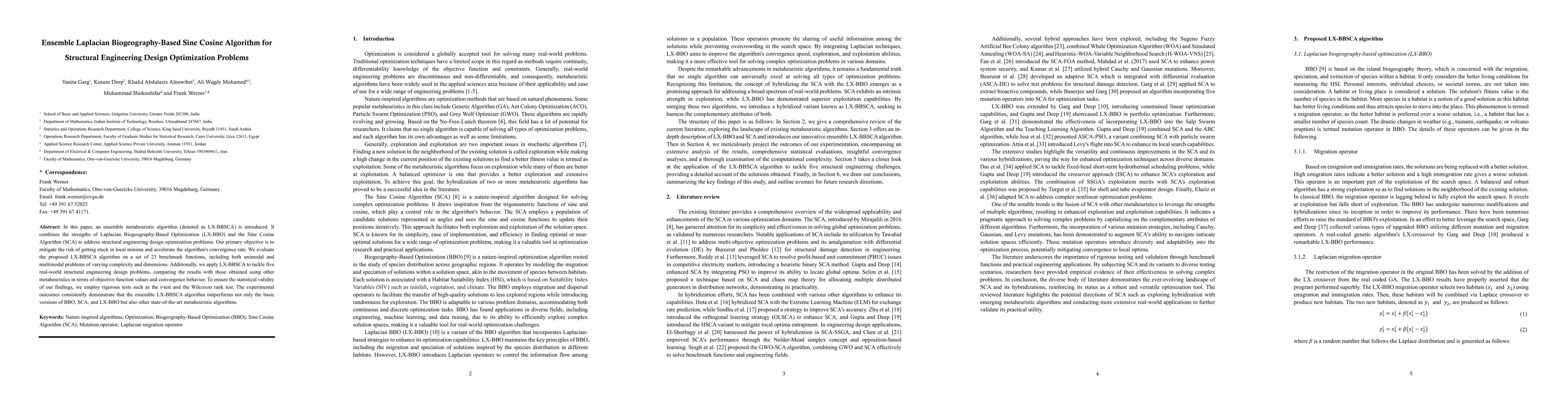 Thumbnail for Ensemble Laplacian Biogeography-Based Sine Cosine Algorithm for
  Structural Engineering Design Optimization Problems