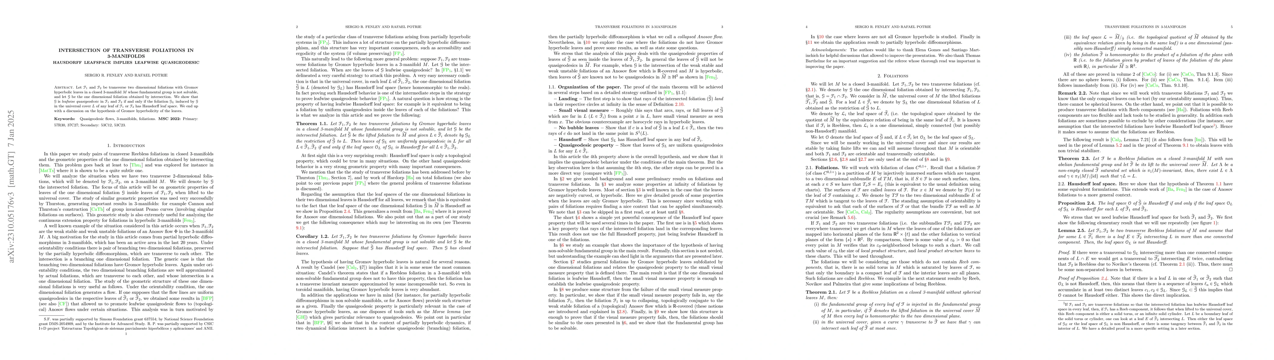 Thumbnail for Intersection of transverse foliations in 3-manifolds: Hausdorff
  leafspace implies leafwise quasi-geodesic