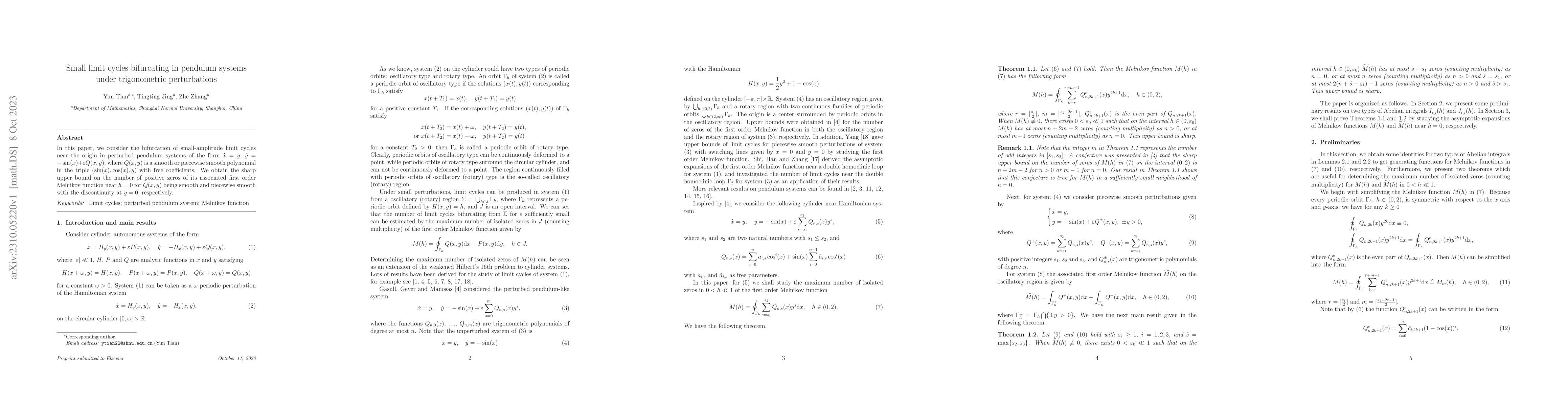 Thumbnail for Small limit cycles bifurcating in pendulum systems under trigonometric
  perturbations