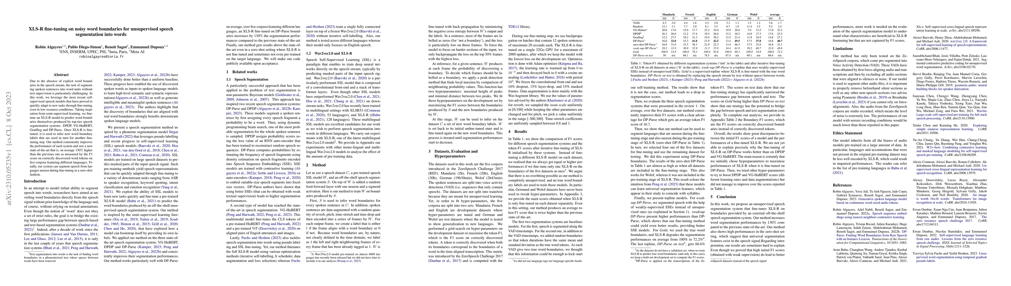 Thumbnail for XLS-R fine-tuning on noisy word boundaries for unsupervised speech
  segmentation into words