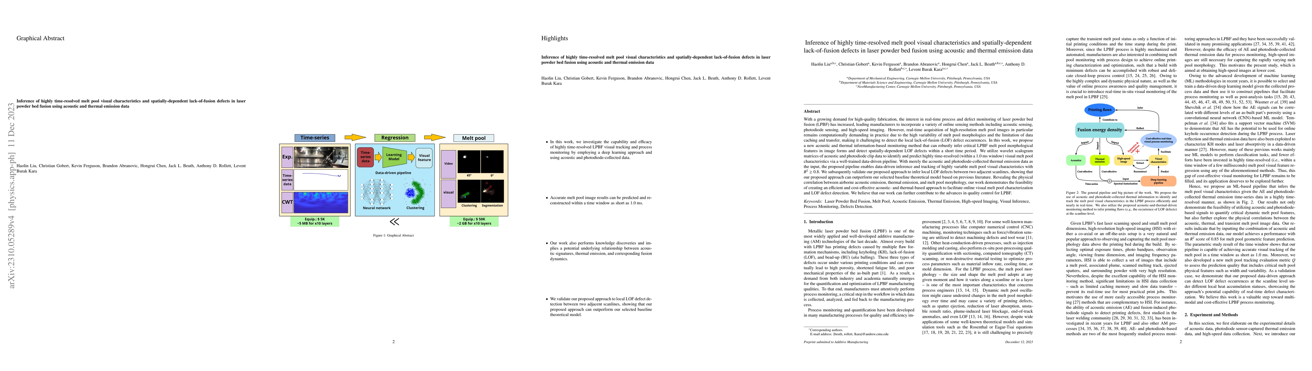 Thumbnail for Inference of highly time-resolved melt pool visual characteristics and
  spatially-dependent lack-of-fusion defects in laser powder bed fusion using
  acoustic and thermal emission data