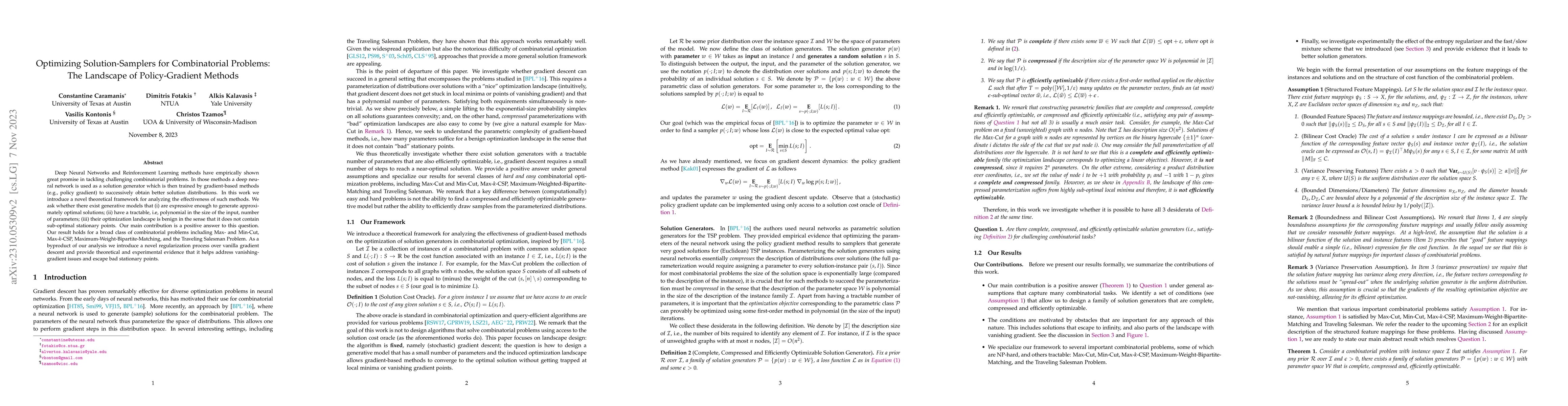 Thumbnail for Optimizing Solution-Samplers for Combinatorial Problems: The Landscape
  of Policy-Gradient Methods