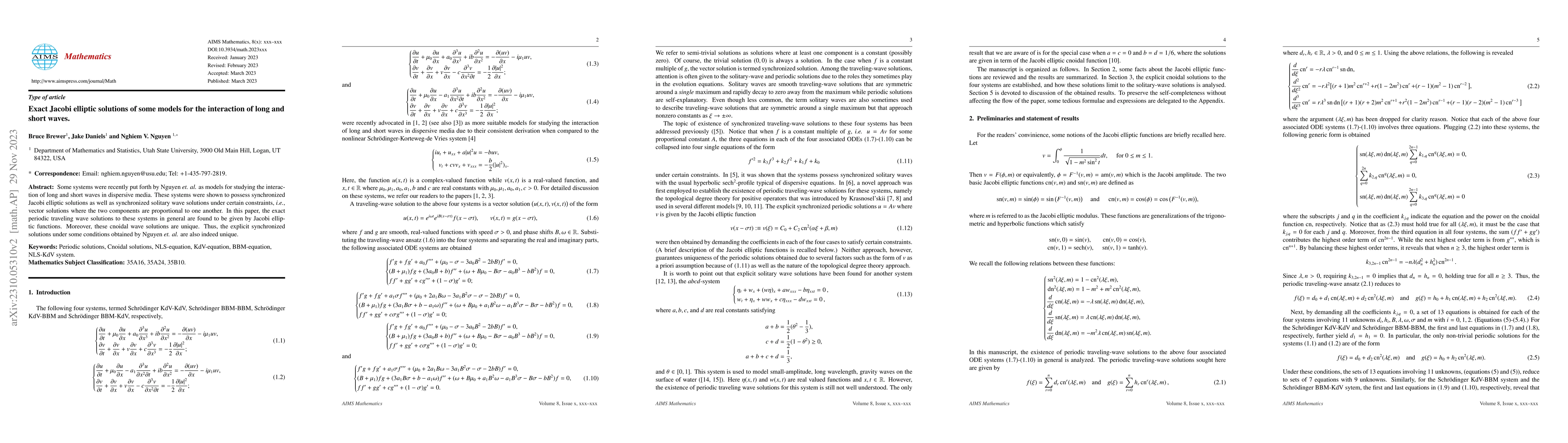 Thumbnail for Exact Jacobi elliptic solutions of some models for the interaction of
  long and short waves