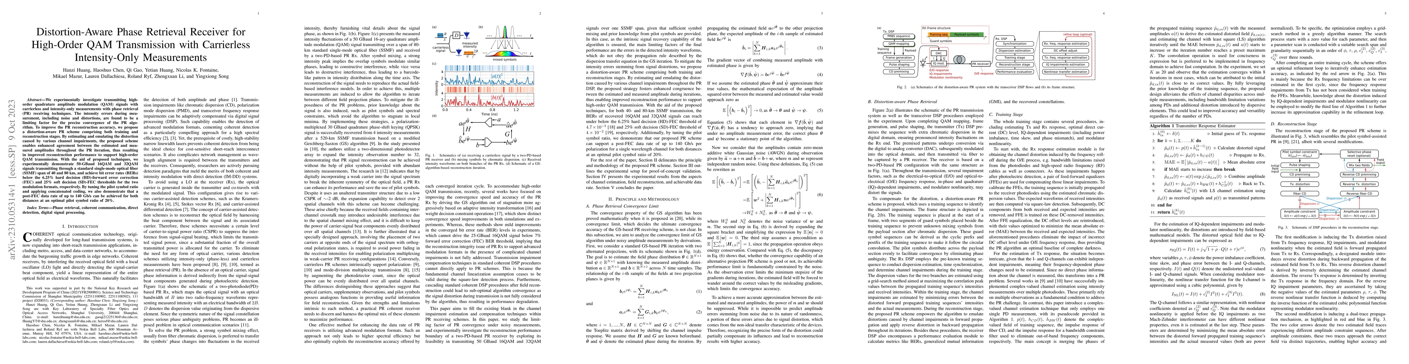 Thumbnail for Distortion-Aware Phase Retrieval Receiver for High-Order QAM
  Transmission with Carrierless Intensity-Only Measurements