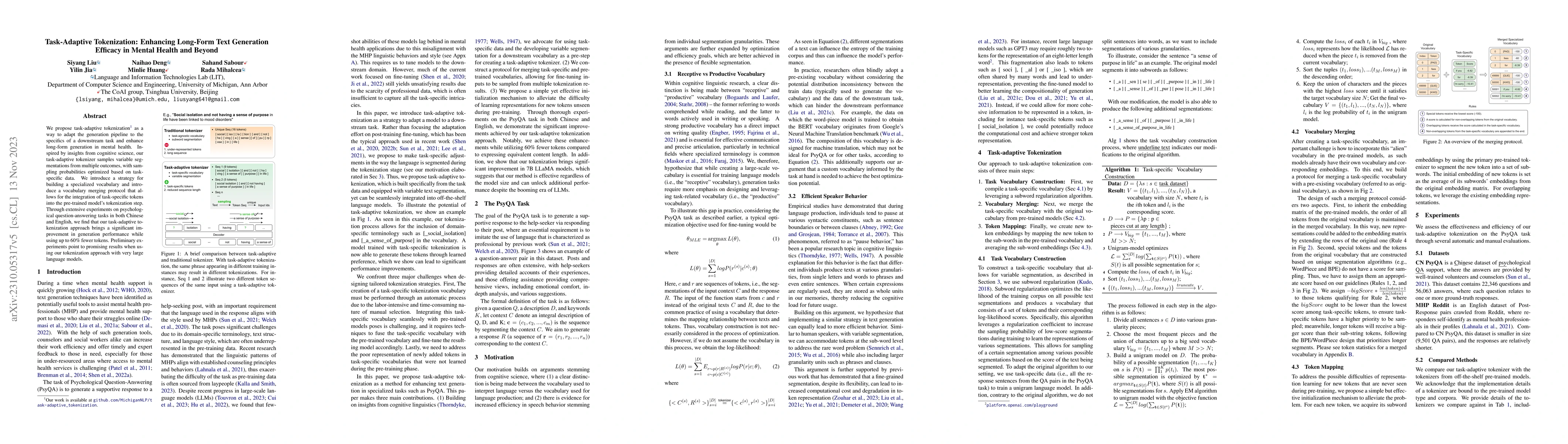 Thumbnail for Task-Adaptive Tokenization: Enhancing Long-Form Text Generation Efficacy
  in Mental Health and Beyond