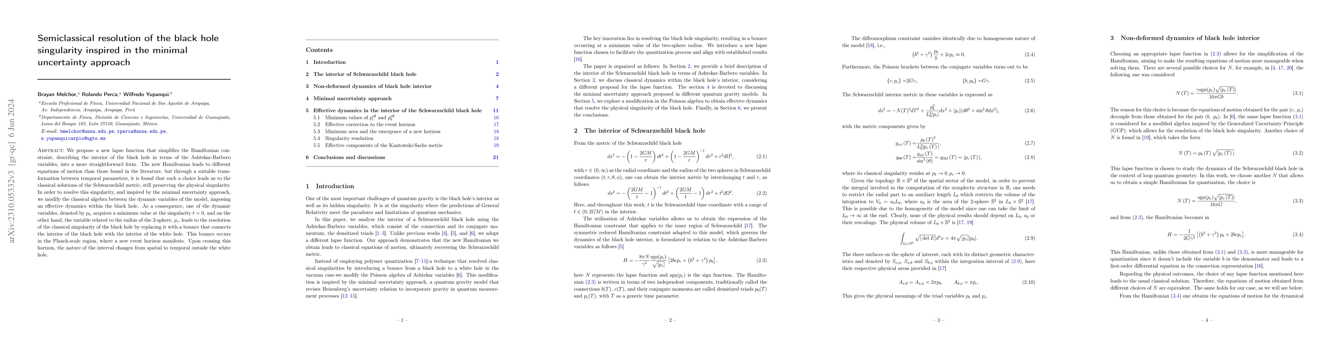 Thumbnail for Semiclassical resolution of the black hole singularity inspired in the
  minimal uncertainty approach