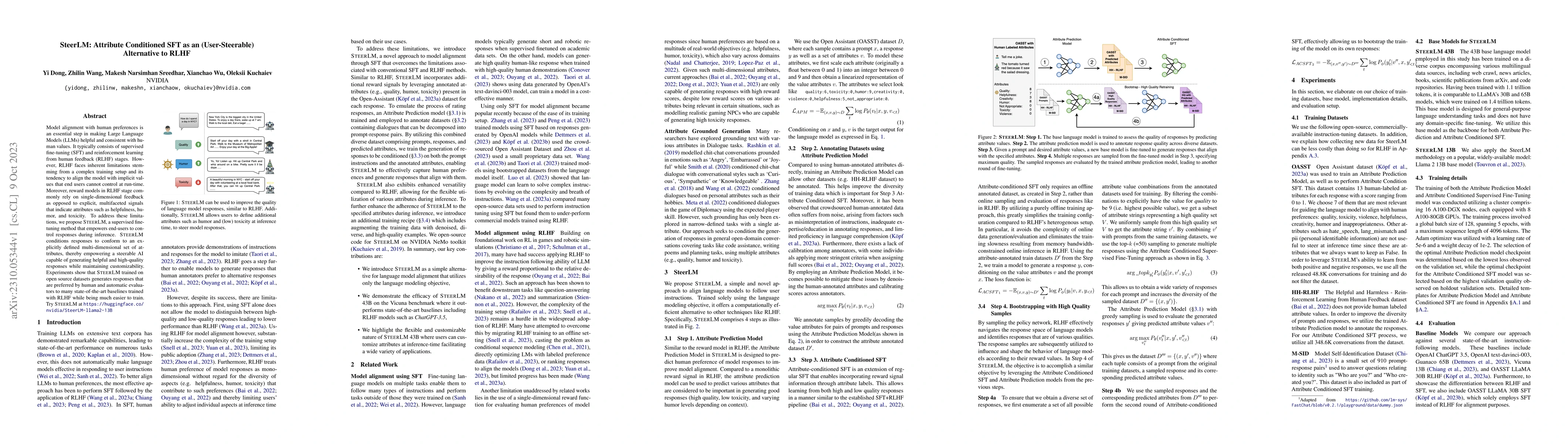Thumbnail for SteerLM: Attribute Conditioned SFT as an (User-Steerable) Alternative to
  RLHF