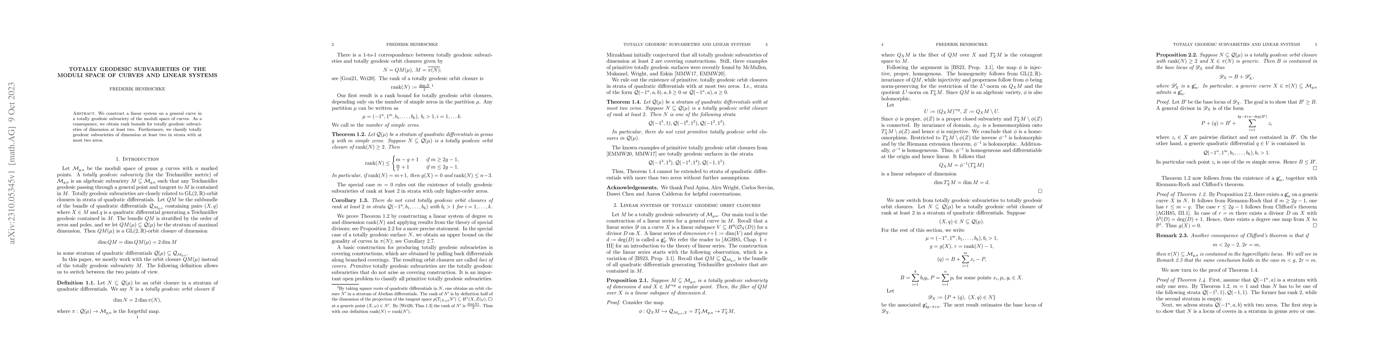 Thumbnail for Totally geodesic subvarieties of the moduli space of curves and linear
  systems
