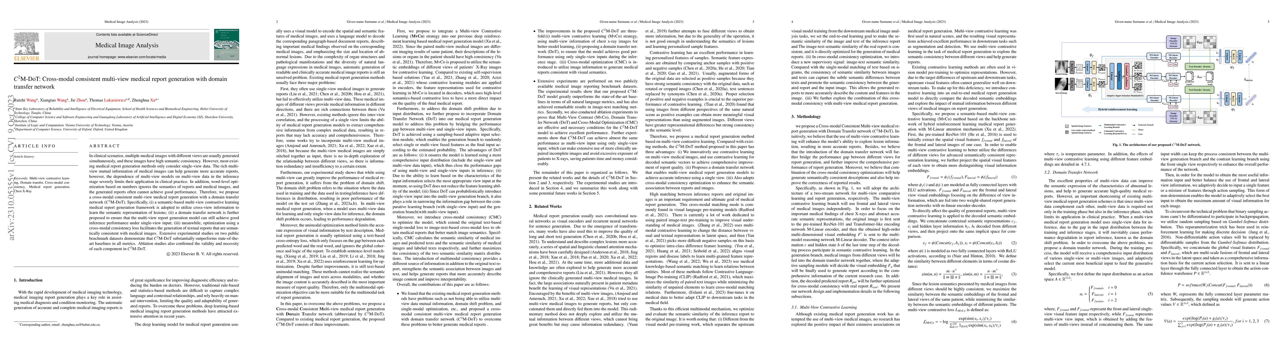 Thumbnail for C^2M-DoT: Cross-modal consistent multi-view medical report generation
  with domain transfer network