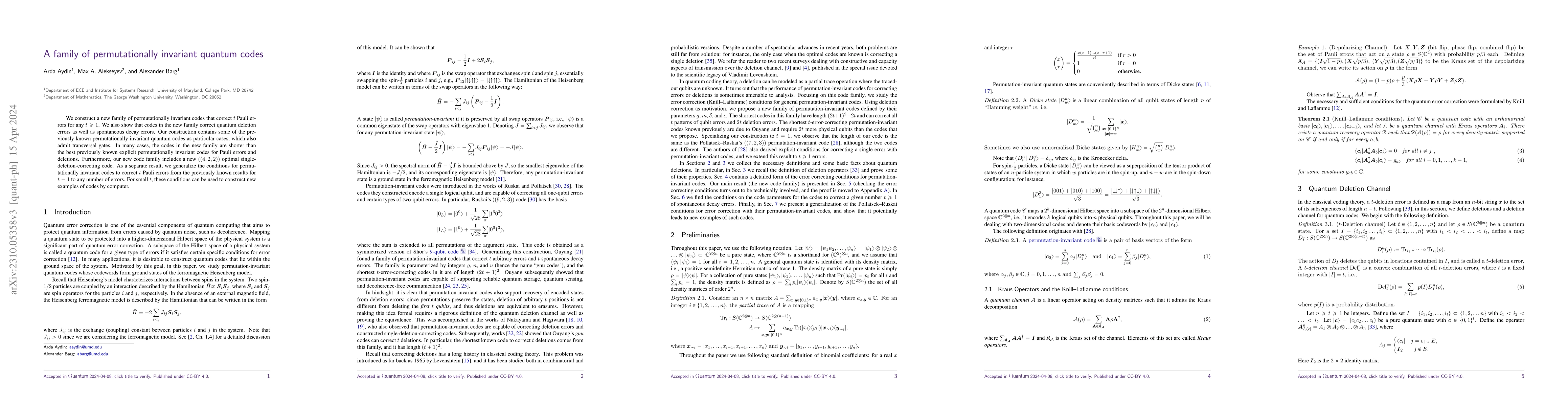Thumbnail for A family of permutationally invariant quantum codes