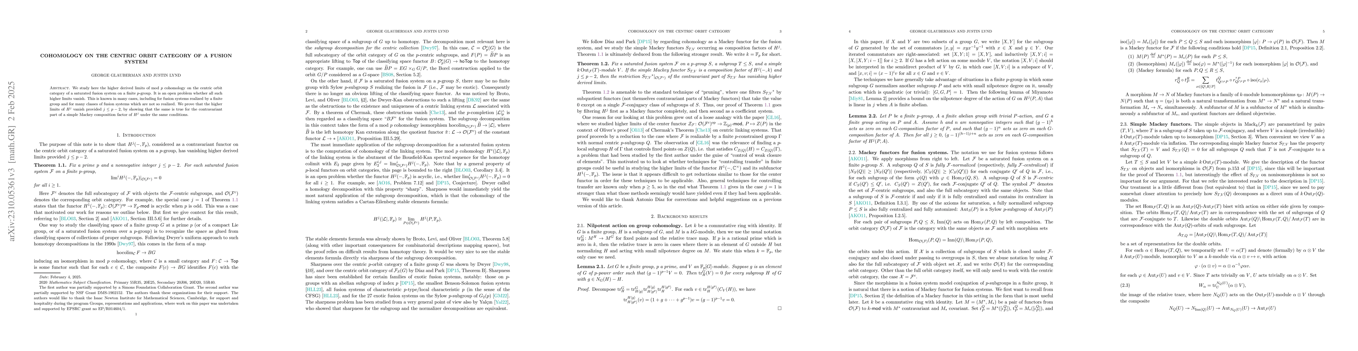 Thumbnail for Cohomology on the centric orbit category of a fusion system