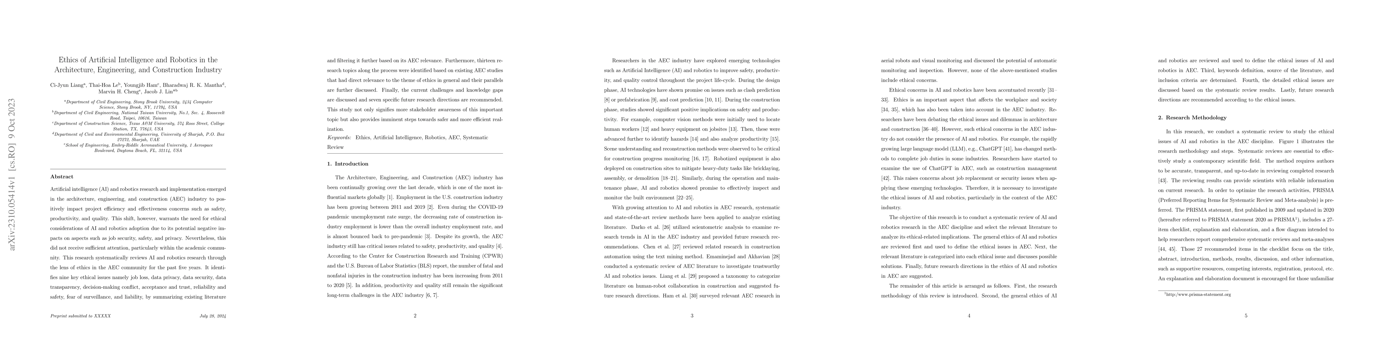 Thumbnail for Ethics of Artificial Intelligence and Robotics in the Architecture,
  Engineering, and Construction Industry