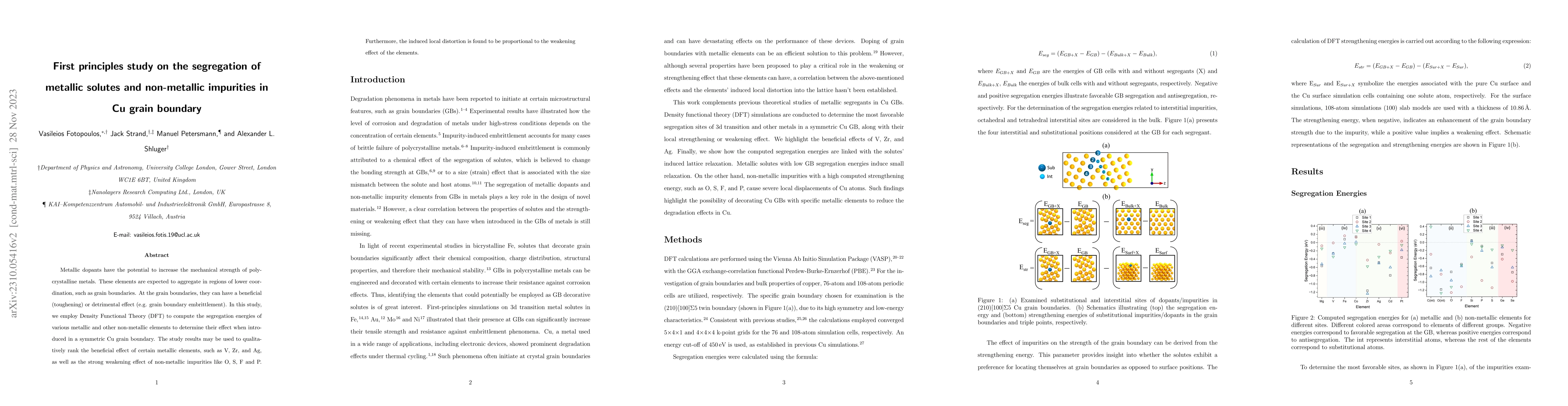 Thumbnail for First principles study on the segregation of metallic solutes and
  non-metallic impurities in Cu grain boundary