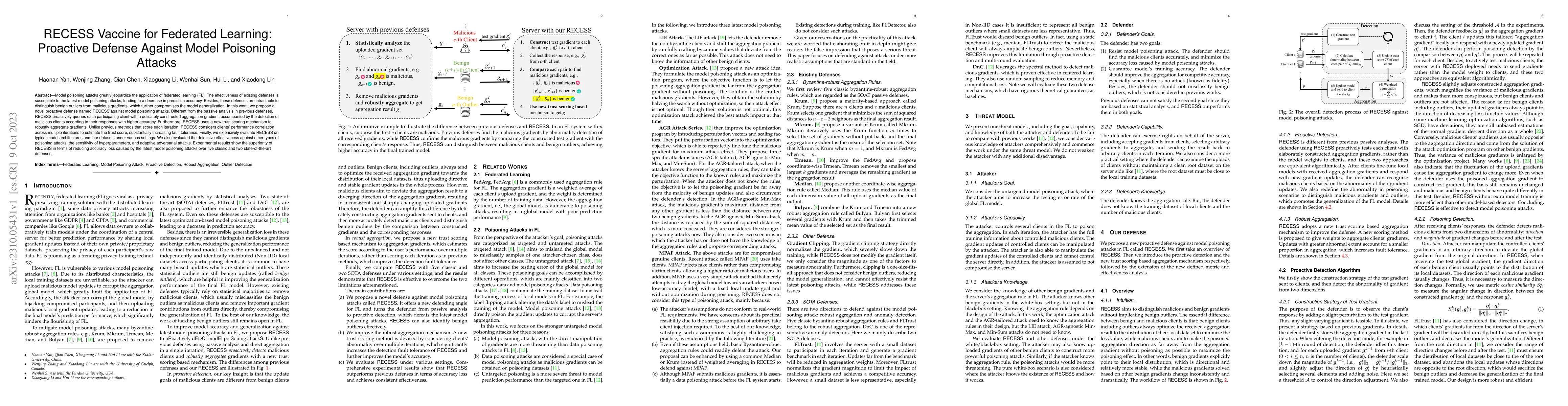 Thumbnail for RECESS Vaccine for Federated Learning: Proactive Defense Against Model
  Poisoning Attacks