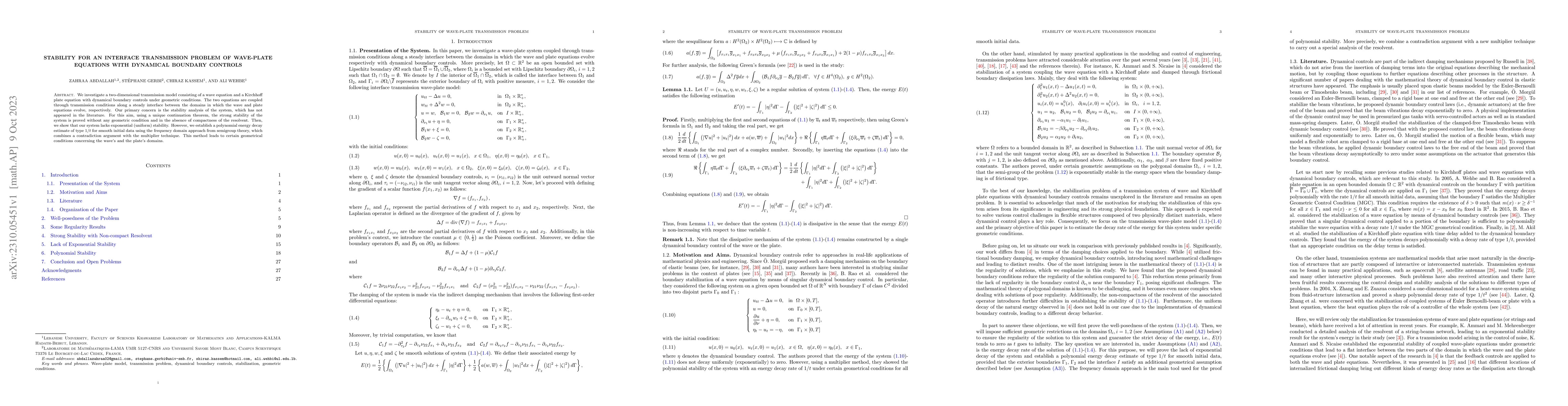 Thumbnail for Stability for an interface transmission problem of wave-plate equations
  with dynamical boundary controls