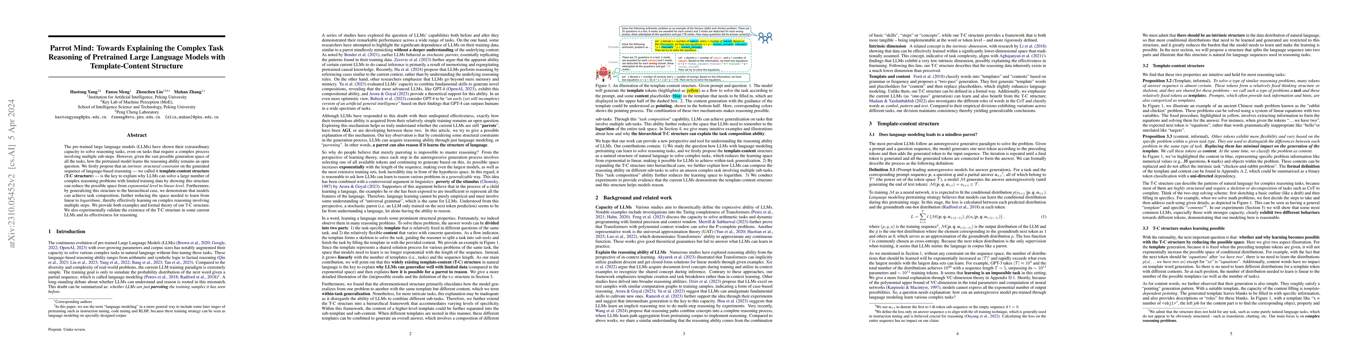Thumbnail for Parrot Mind: Towards Explaining the Complex Task Reasoning of Pretrained
  Large Language Models with Template-Content Structure