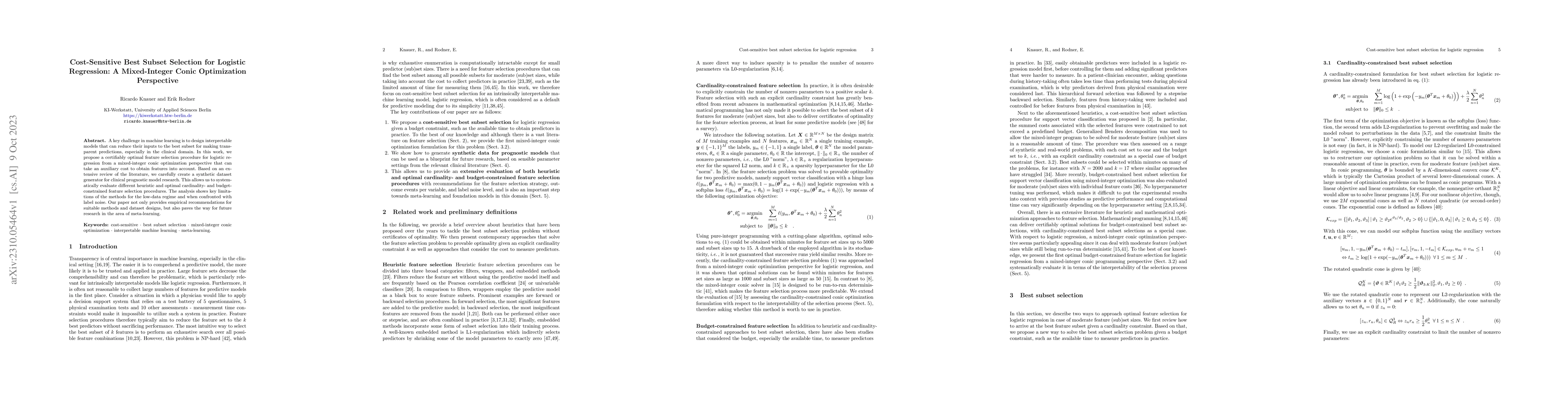 Thumbnail for Cost-Sensitive Best Subset Selection for Logistic Regression: A
  Mixed-Integer Conic Optimization Perspective