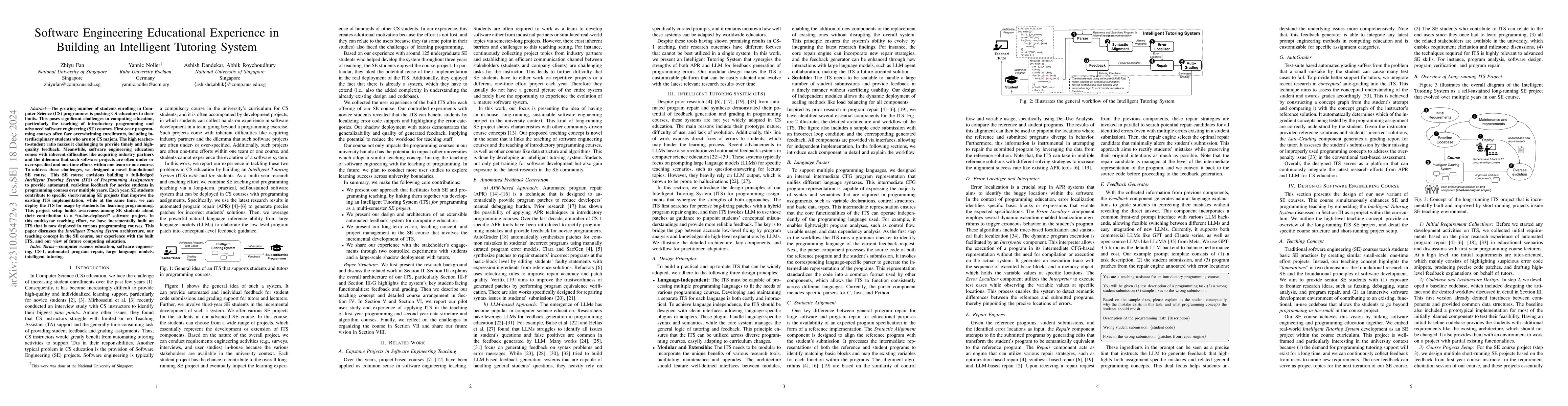 Thumbnail for Intelligent Tutoring System: Experience of Linking Software Engineering
  and Programming Teaching