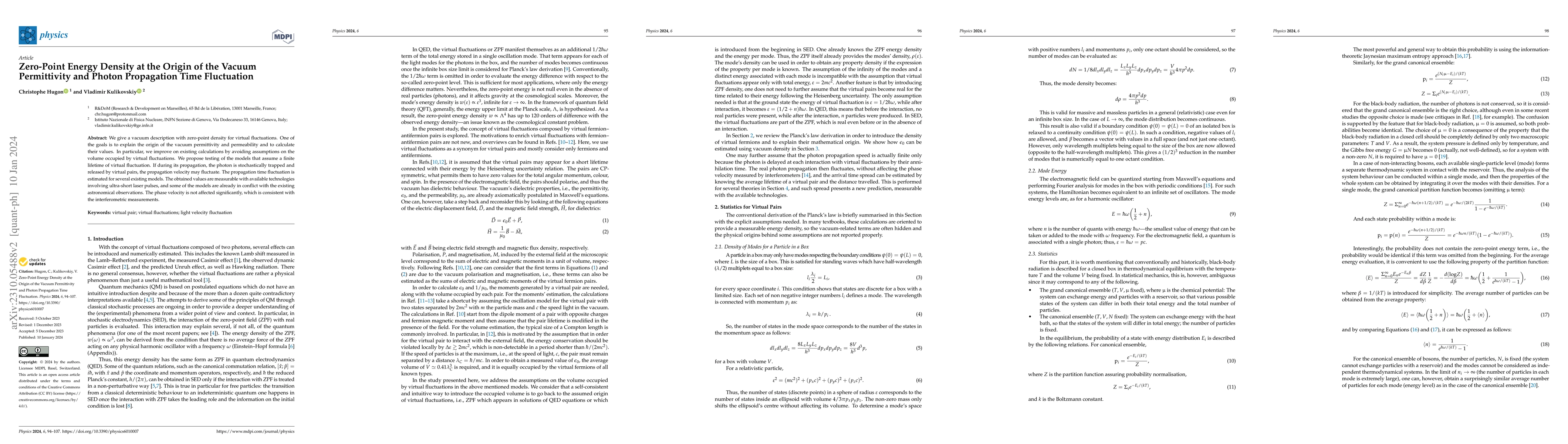 Thumbnail for Zero-Point Energy Density at the Origin of the Vacuum Permittivity and
  Photon Propagation Time Fluctuation