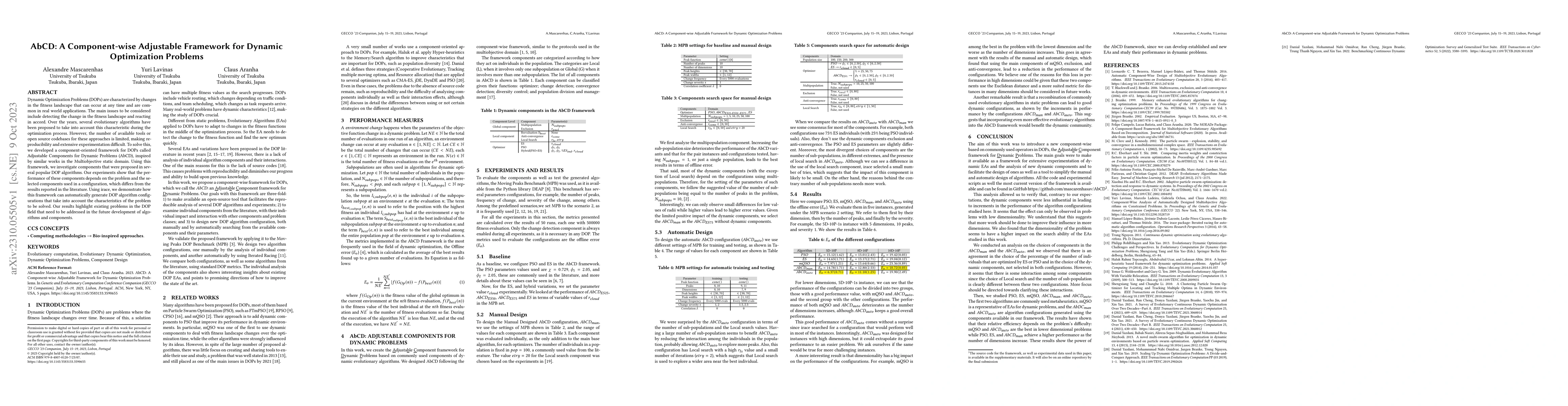 Thumbnail for AbCD: A Component-wise Adjustable Framework for Dynamic Optimization
  Problems
