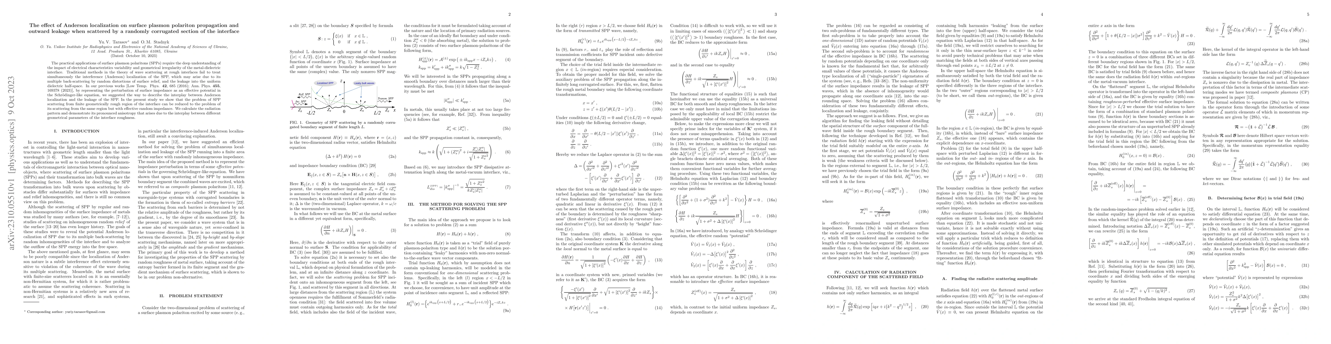 Thumbnail for The effect of Anderson localization on surface plasmon polariton
  propagation and outward leakage when scattered by a randomly corrugated
  section of the interface