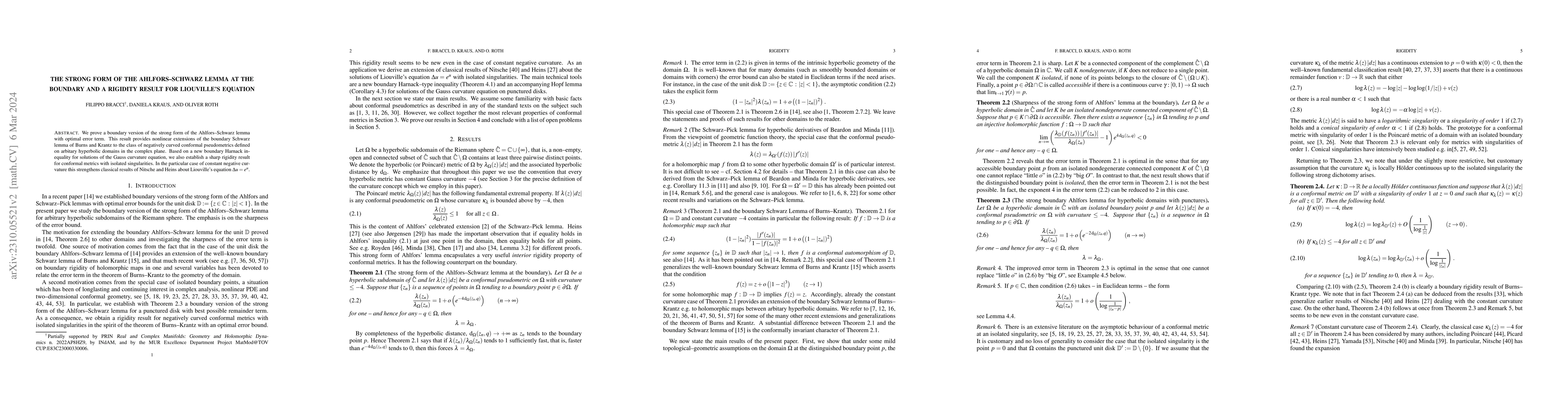 Thumbnail for The strong form of the Ahlfors-Schwarz lemma at the boundary and a
  rigidity result for Liouville's equation