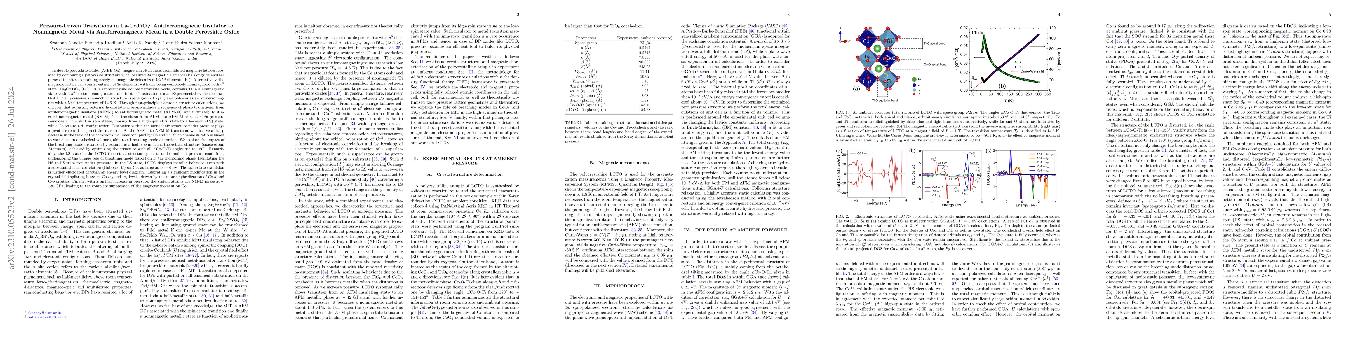 Thumbnail for Pressure-Driven Transitions in La2CoTiO6: Antiferromagnetic Insulator to
  Nonmagnetic Metal via Antiferromagnetic Metal in a Double Perovskite Oxide