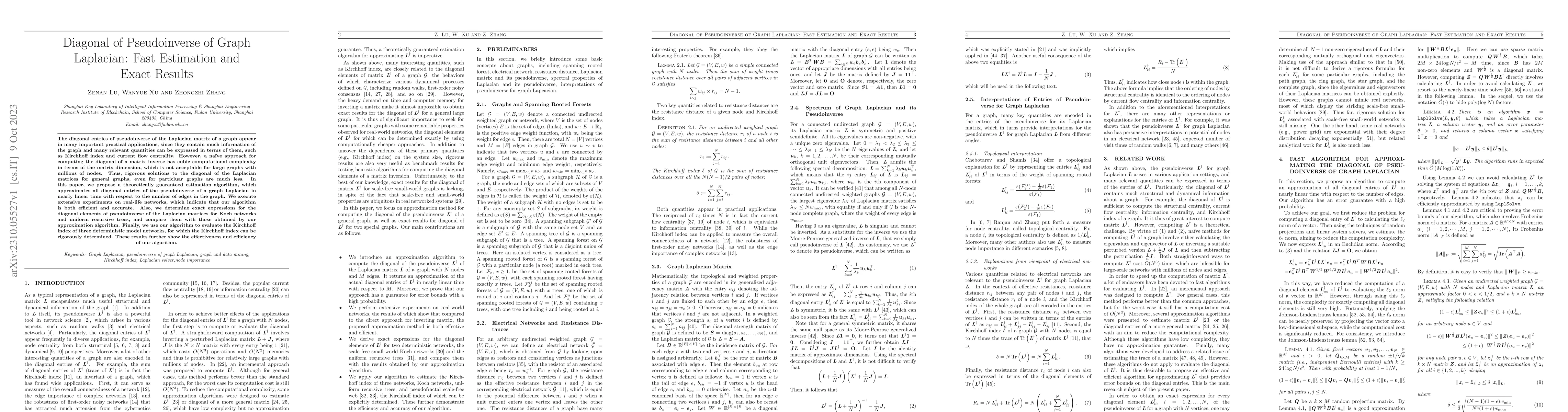 Thumbnail for Diagonal of Pseudoinverse of Graph Laplacian: Fast Estimation and Exact
  Results