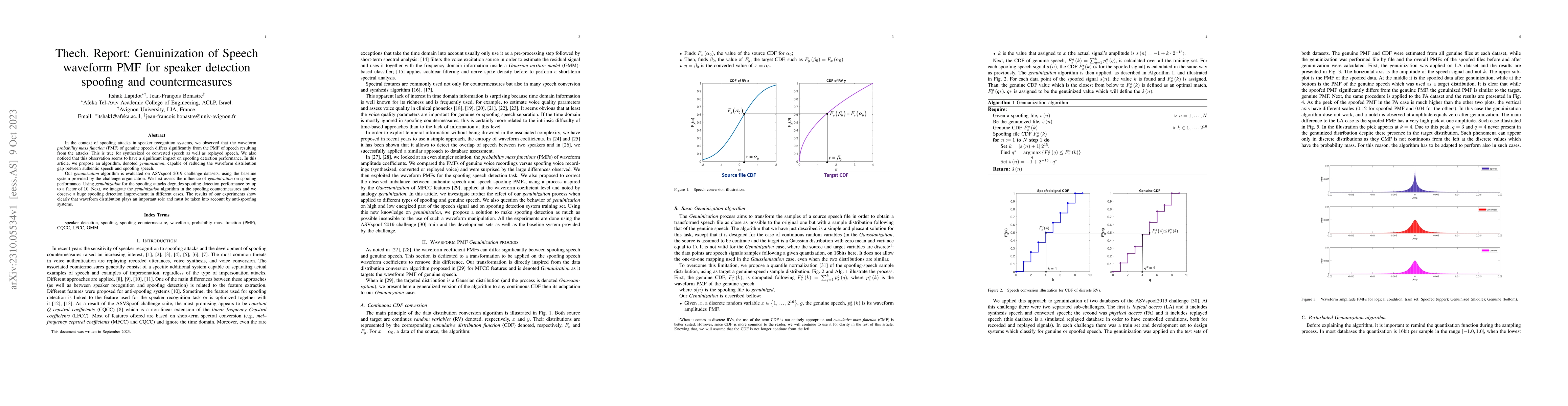 Thumbnail for Thech. Report: Genuinization of Speech waveform PMF for speaker
  detection spoofing and countermeasures