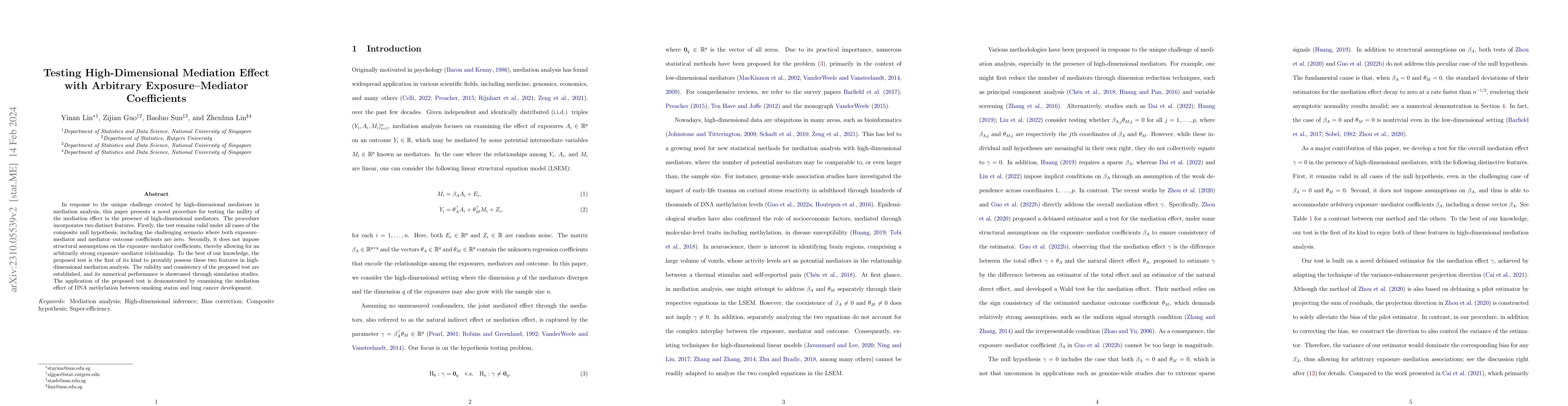 Thumbnail for Testing High-Dimensional Mediation Effect with Arbitrary
  Exposure-Mediator Coefficients