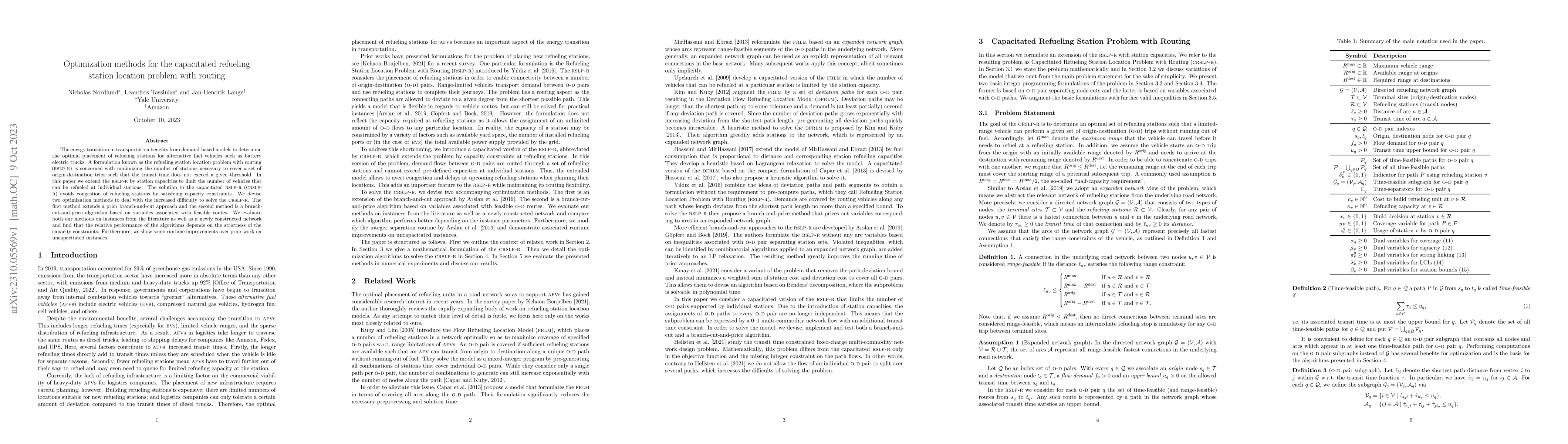 Thumbnail for Optimization methods for the capacitated refueling station location
  problem with routing