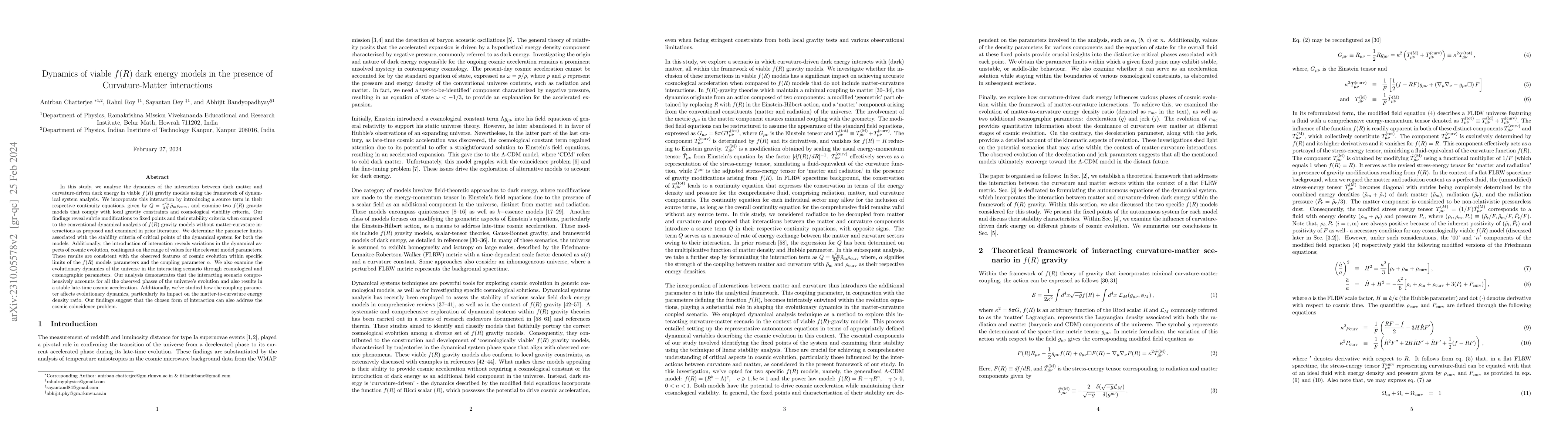 Thumbnail for Dynamics of viable $f(R)$ dark energy models in the presence of
  Curvature-Matter interactions