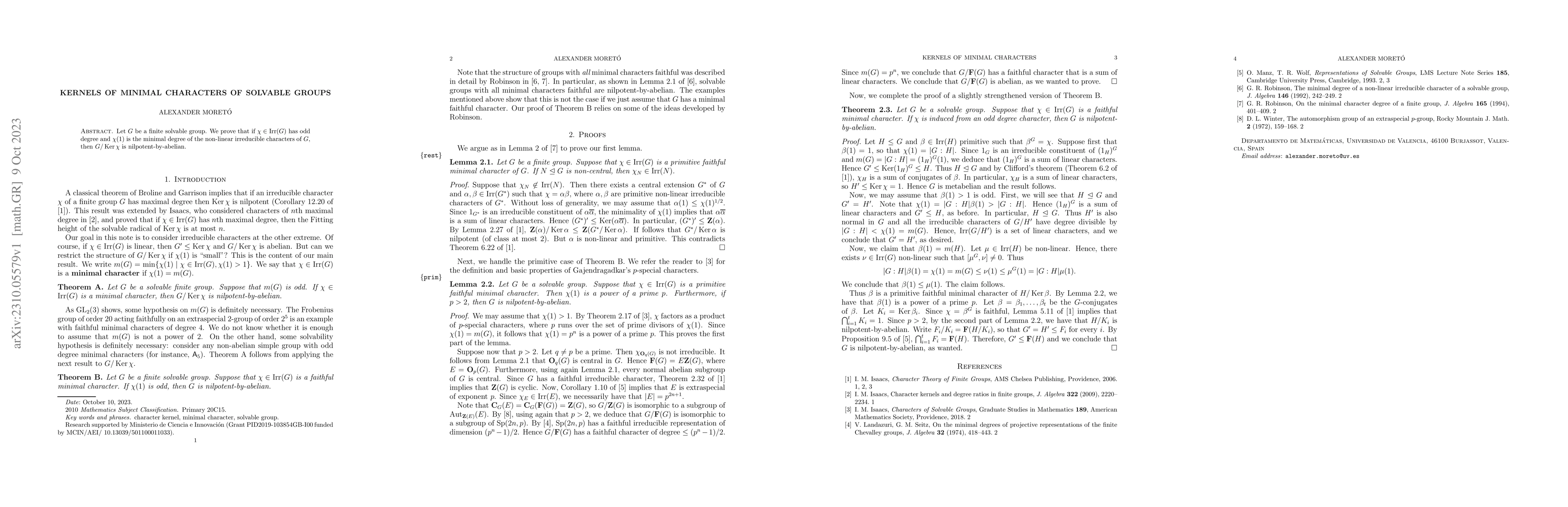 Thumbnail for Kernels of minimal characters of solvable groups